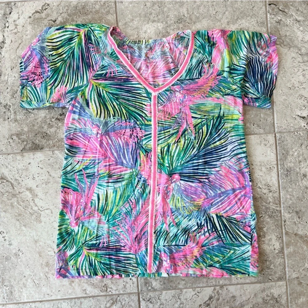 Lilly Pulitzer Bonita V-Neck Short Sleeve Cotton Coverup Tropical Palm Print, L